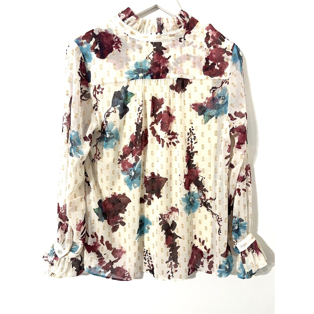 SOFT SURROUNDINGS Blouse Women S Cream Floral Ruffle Neck Chiffon Lurex  Boho - Picture 3 of 10